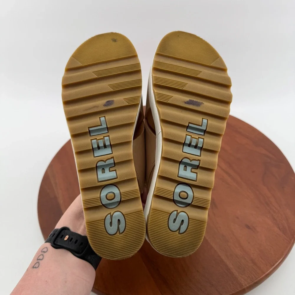 Sorel Cameron Flatform Slide Womens Beige‎ Leather Cross Strap Summer Sandals 9